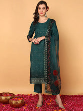 Women Green Organza Floral Embroidered Straight Kurta Trouser With Dupatta-PKSKD2090